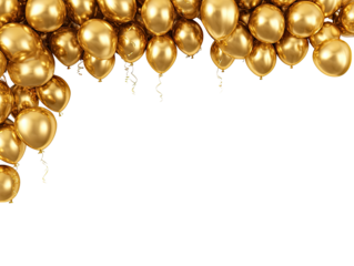 A cluster of shiny gold balloons fills a corner of the image, creating a celebratory border against a black background.  Balloon strings and streamers cascade down from the cluster