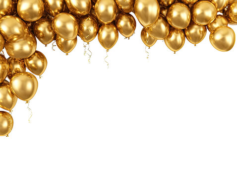 A cluster of shiny gold balloons fills a corner of the image, creating a celebratory border against a black background.  Balloon strings and streamers cascade down from the cluster - Powered by Adobe