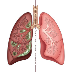anatomical illustration of human lungs showing disease and health