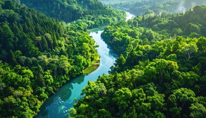 Lush Green Forest Canopy with Winding Blue River and Bright Sunlight Aerial View Daytime Scene, Forest Top View with Vibrant Greenery, Clear Blue Waters