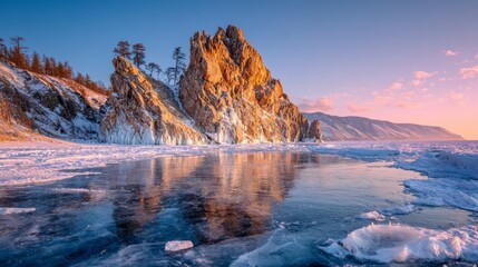 Rocky cliff with icicles and small trees on a snowcovered lakeshore reflecting on the ice