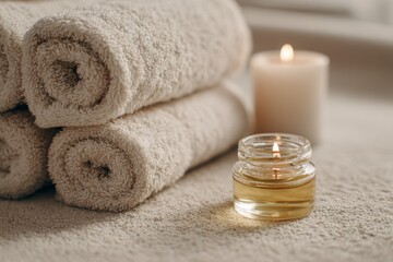 Rolled towels sit near candles creating a spalike ambiance with a textured surface