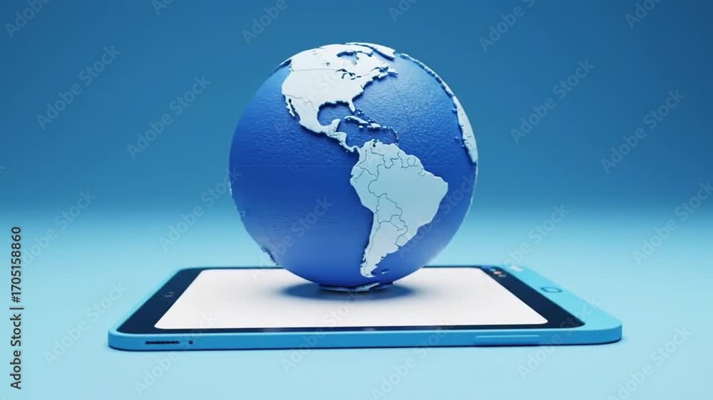 Poster blue globe model resting on a tablet with white screen display on blue background