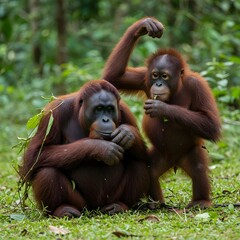 Fototapeta premium Orangutans posing and acting thoughtfully while sitting, captured in a natural moment for the photographer.