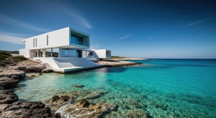 Fototapeta premium Modern white house on rocky coast with turquoise water and sunny blue sky