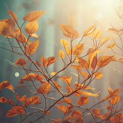 Close up of vibrant orange autumn leaves on a tree branch with soft bokeh background and warm sunlight filtering through