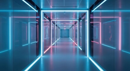 Neon corridor; blue, pink, white lights reflect on smooth surfaces and lead far