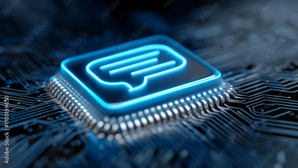Poster ai customer support for ecommerce concept with glowing chat icon on microchip symbolizing digital co
