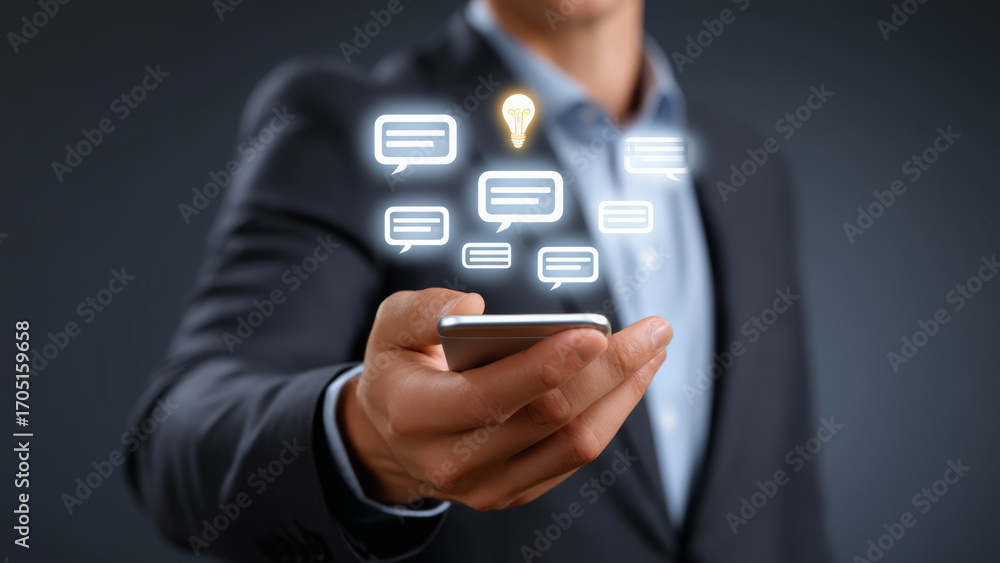 Poster ai customer support for ecommerce concept with businessman holding smartphone and chat icons floatin