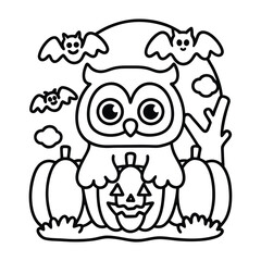 Obraz premium Whimsical cartoon owl sitting with pumpkins and bats under a full moon for Halloween jack o lantern