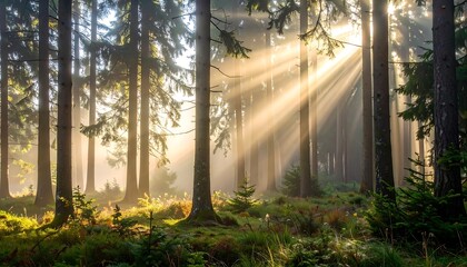 Sunbeams pierce through a dense forest, illuminating the trees and the forest floor covered in ferns and moss