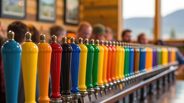 artisanal beer Colorful beer taps line a bar, showcasing various drinks in a lively atmosphere with patrons in the background. - Powered by Adobe