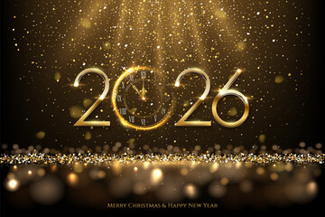 2026 Happy New Year greeting card vector illustration. Festive Christmas social media banner. 2026 clock countdown background with confetti and sparkling lights on dark. Luxury holiday postcard.