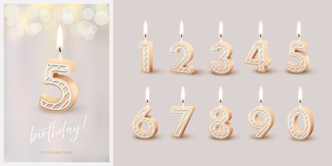 Birthday anniversary beige candles set template with number 5. Celebration birthday vector background. Beige wax numbers with candlelight on gray for party invitation, greeting card, poster, event.