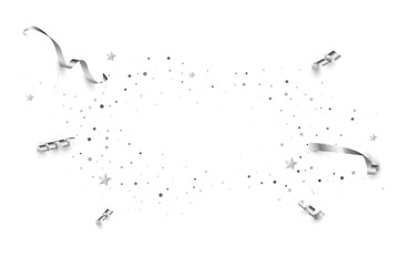 Silver confetti birthday background. Platinum ribbons, stars and confetti party pattern. Congratulations white horizontal banner with copy space. Festive elegant vector illustration.