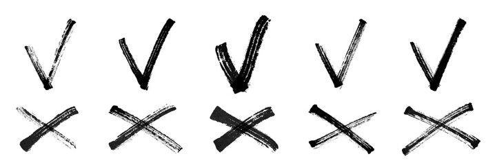 Check and cross marks set. Grunge checklist signs brush stroke elements in black ink on white background. Hand drawn rough symbols for approval and rejection. Graphic minimalistic vector illustration.