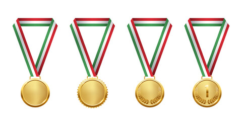 Golden medals set. Realistic 3D gold awards medals with ribbons and number one, symbolizing first place in sports, competitions, and athletic events. Vector illustration.