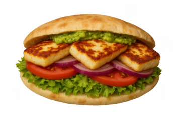 Grilled halloumi nestled in soft pita, layered with crisp lettuce, ripe tomato, sweet onion, and creamy guacamole on clean background