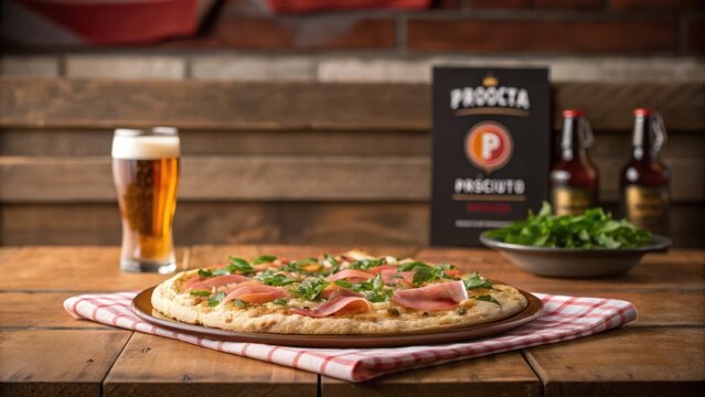 beer and food pairing Delicious pizza with prosciutto and greens, paired with beer, set on a rustic wooden table. - Powered by Adobe
