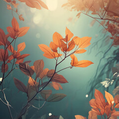 Close up of vibrant orange autumn leaves on delicate branches bathed in soft golden sunlight creating a magical and ethereal atmosphere