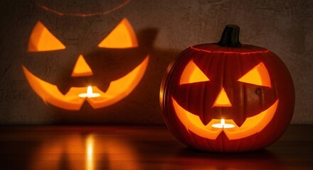 Spooky carved pumpkin with glowing candle casts eerie shadow for Halloween night