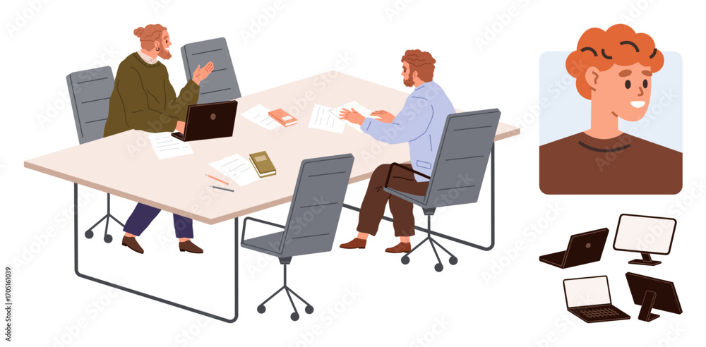 Poster colleagues engaging in conversation, analyzing documents, using laptops. includes office setting and