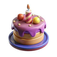 3d cartoon birthday cake with candle isolated on transparent background