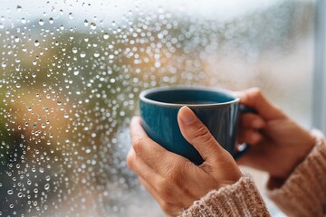 Woman's hand holding a warm coffee mug while looking out a rainy window on a cozy afternoon