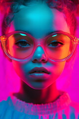 abstract surreal girl model in bold neon pink and electric blue palette futuristic modern pop art style