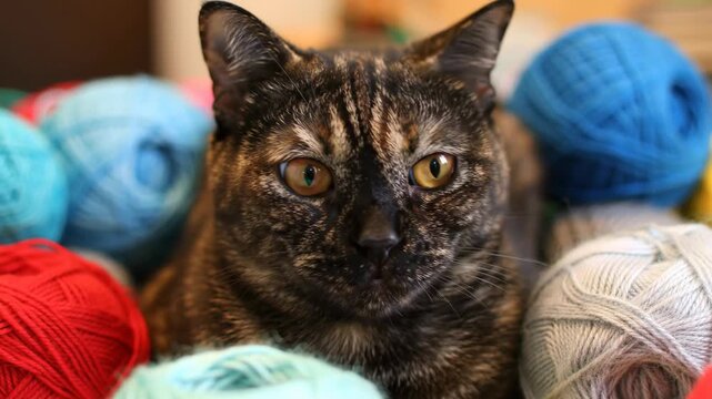 Cute tortoiseshell cat surrounded by colorful yarn balls, knitting hobby, pets, indoor
