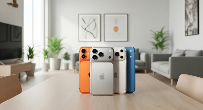 Apple iPhone 17 Pro lineup in silver, orange, and blue displayed on a wooden table inside an Apple Store, highlighting modern design and premium smartphone style.