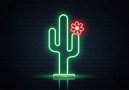 Neon cactus sign with flower on brick wall background, green glowing plant, night bright advertising, vector illustration, desert flora, succulent