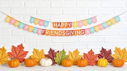 friendsgiving celebration Colorful Friendsgiving decor with pumpkins and autumn leaves against a white brick backdrop.