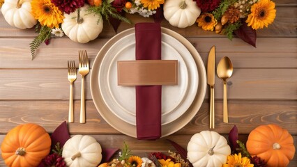 friendsgiving celebration Elegant autumn table setting with pumpkins and flowers, creating a warm seasonal dining atmosphere.