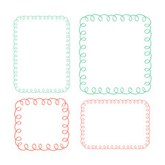 Set of decorative curly frames in red and green colors. Hand drawn swirl borders for design, card, invitation, or decoration. Vector