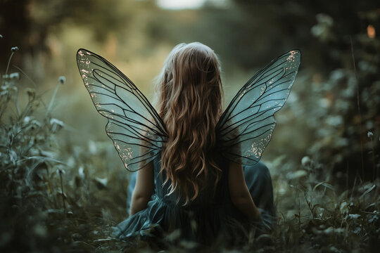 Back view of young child with long hair and fairy wings in forest - Powered by Adobe
