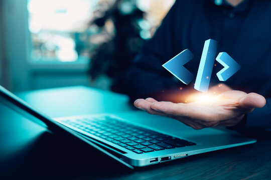 A man using computer touching coding concept.Program Code. Software Digital Abstract Javascript.Program Code. Software Digital Abstract Code Javascript.Binary code language and application - Powered by Adobe