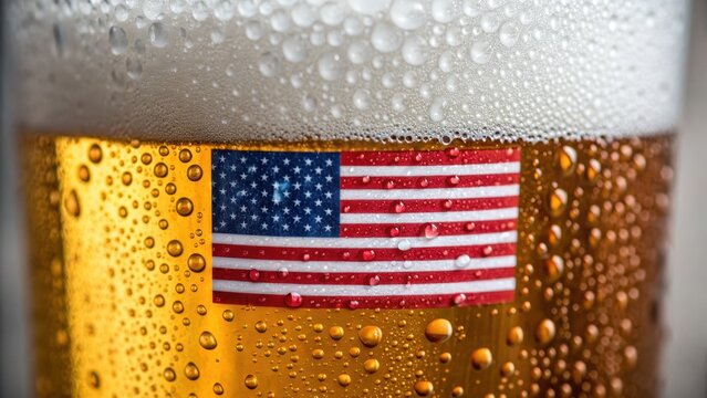independent beer A close-up of a cold beer glass with droplets, featuring the American flag inside the liquid. - Powered by Adobe
