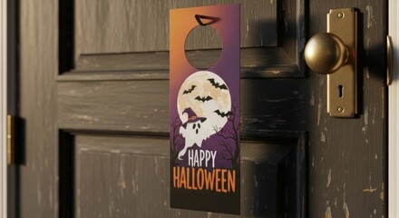 Spooky Halloween door hanger with ghost, bats, and full moon welcomes guests