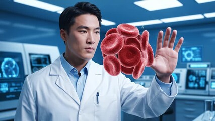 Scientist in Laboratory Explores 3D Holographic Red Blood Cells Display, Highlighting Advanced Medical Research, Innovation in Healthcare, and Futuristic Technology Environment - Powered by Adobe