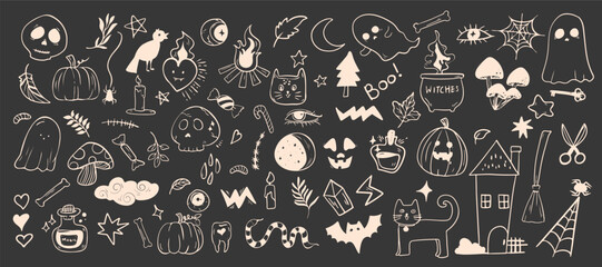 Line Art Halloween Doodle Adorable. Halloween clipart featuring pumpkins, skull, ghost, moon, cat, and witchy elements. Great for greeting cards, party invitations, prints, and digital artwork.