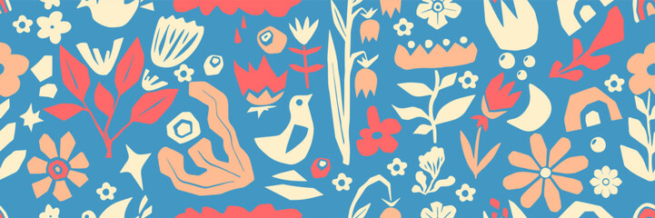 Boho organic cut paper seamless pattern with birds, flowers and botanical shapes - pastel floral elements on blue background. Folk art collage style for textile designs or decorative wallpaper prints.