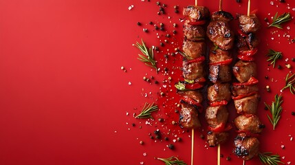 Grilled meat skewers shish kebab on red background