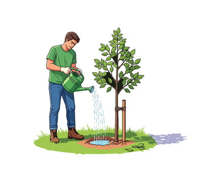 Person watering young tree