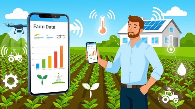 Illustration of a farmer using smartphone with farm data analytics in a smart agriculture field. Concept of IoT farming, precision agriculture, and digital agritech innovation.