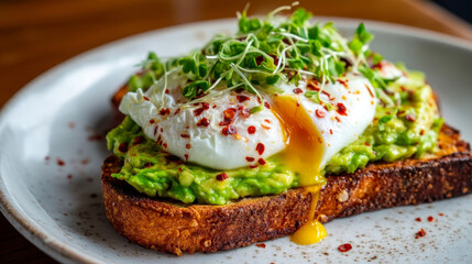 Avocado toast with poached egg and microgreens, healthy brunch close-up
