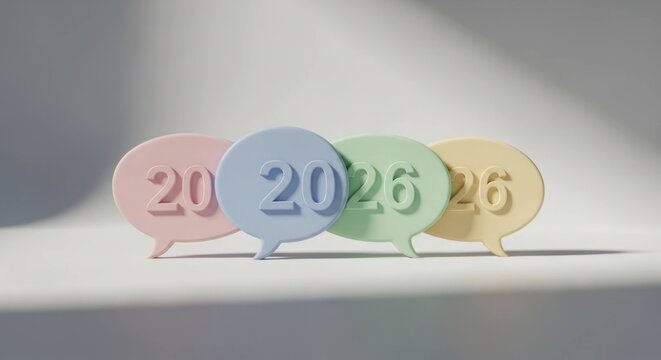 Pastel speech bubbles with 20 and 26 inside, casting soft shadows - Powered by Adobe