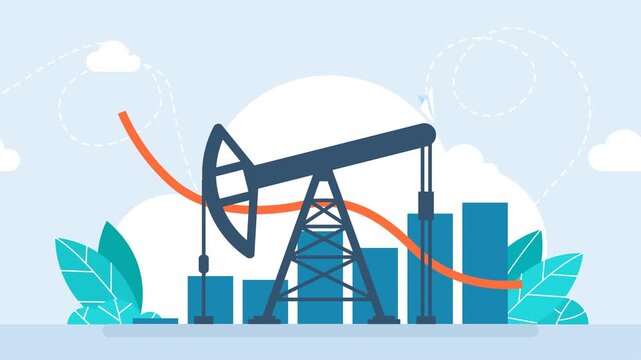 Land crude oil drilling rig, derrick, pump jack. Price per barrel. Oil rig on the background of graphs and charts. Falling price. Pumpjack on oil price chart, financial data. 2d flat animation	
