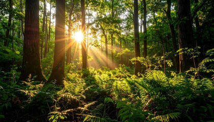 Sunlight bursts through dense forest canopy, illuminating ferns and trees with radiant beams. Serene, natural scene