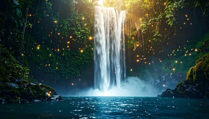 Unfiltered waterfall cascading into a glowing pool, mist illuminated by magical sparkles drifting in the air